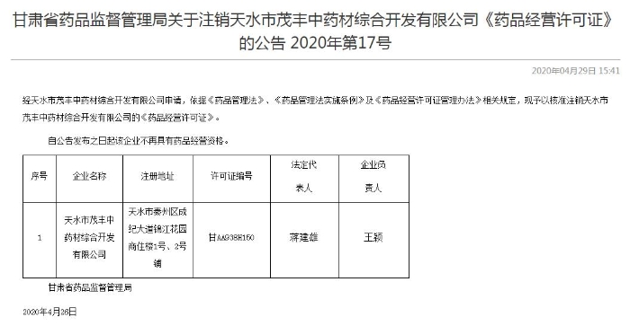 甘肅省藥監(jiān)局核準(zhǔn)注銷(xiāo)天水茂豐藥品經(jīng)營(yíng)許可證