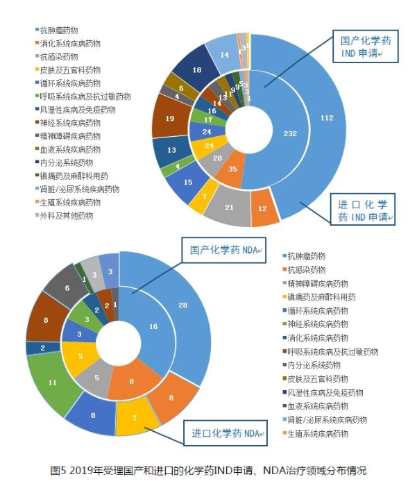 圖5 2019年受理國產和進口的化學藥IND申請、NDA治療領域分布情況