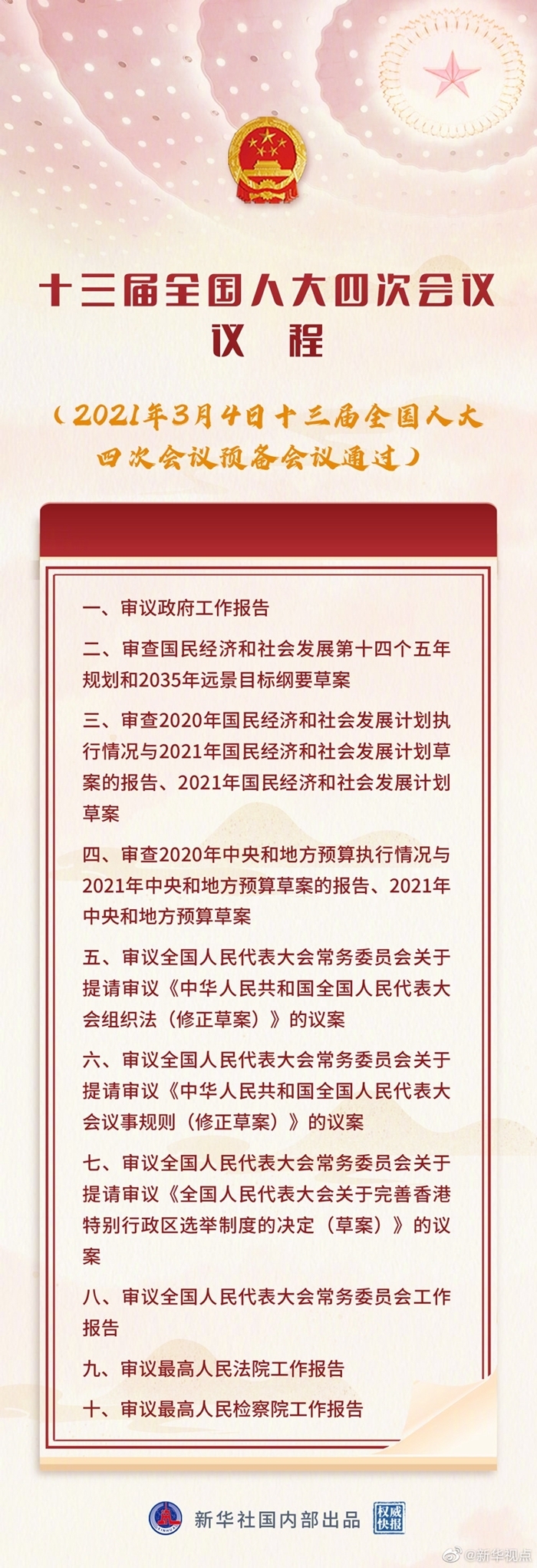 第十三屆全國人民代表大會第四次會議議程 第十三屆全國人民代表大會第四次會議議程