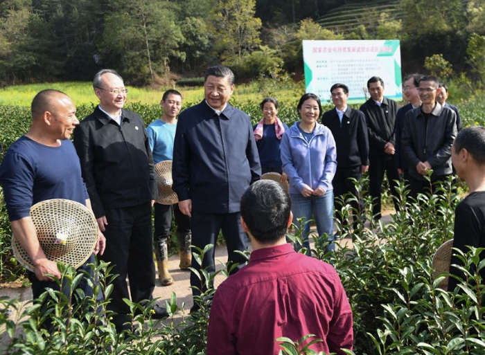 3月22日至25日，中共中央總書記、國家主席、中央軍委主席習近平在福建考察。這是22日下午，習近平在南平武夷山市星村鎮(zhèn)燕子窠生態(tài)茶園，同科技特派員、茶農親切交流，了解當地茶產業(yè)發(fā)展情況。新華社記者 燕雁 攝